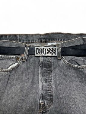 Y2K guess big print out silver and black leather belt